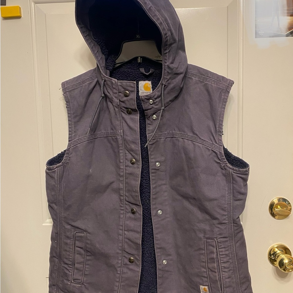 Carhartt Hooded Berkley Vest Women's Large 12/14 100061 Gray Sherpa Fleece Lined